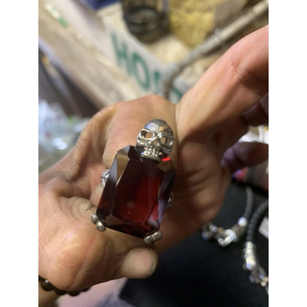 Vintage 925 Ring with Skull W/ Large Garnet Stone Size 9 From Harley Store 80’s